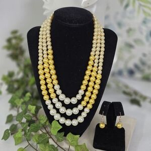 Statement 3 Strand Yellow Glass Pearl Bead Necklace and Earrings Set